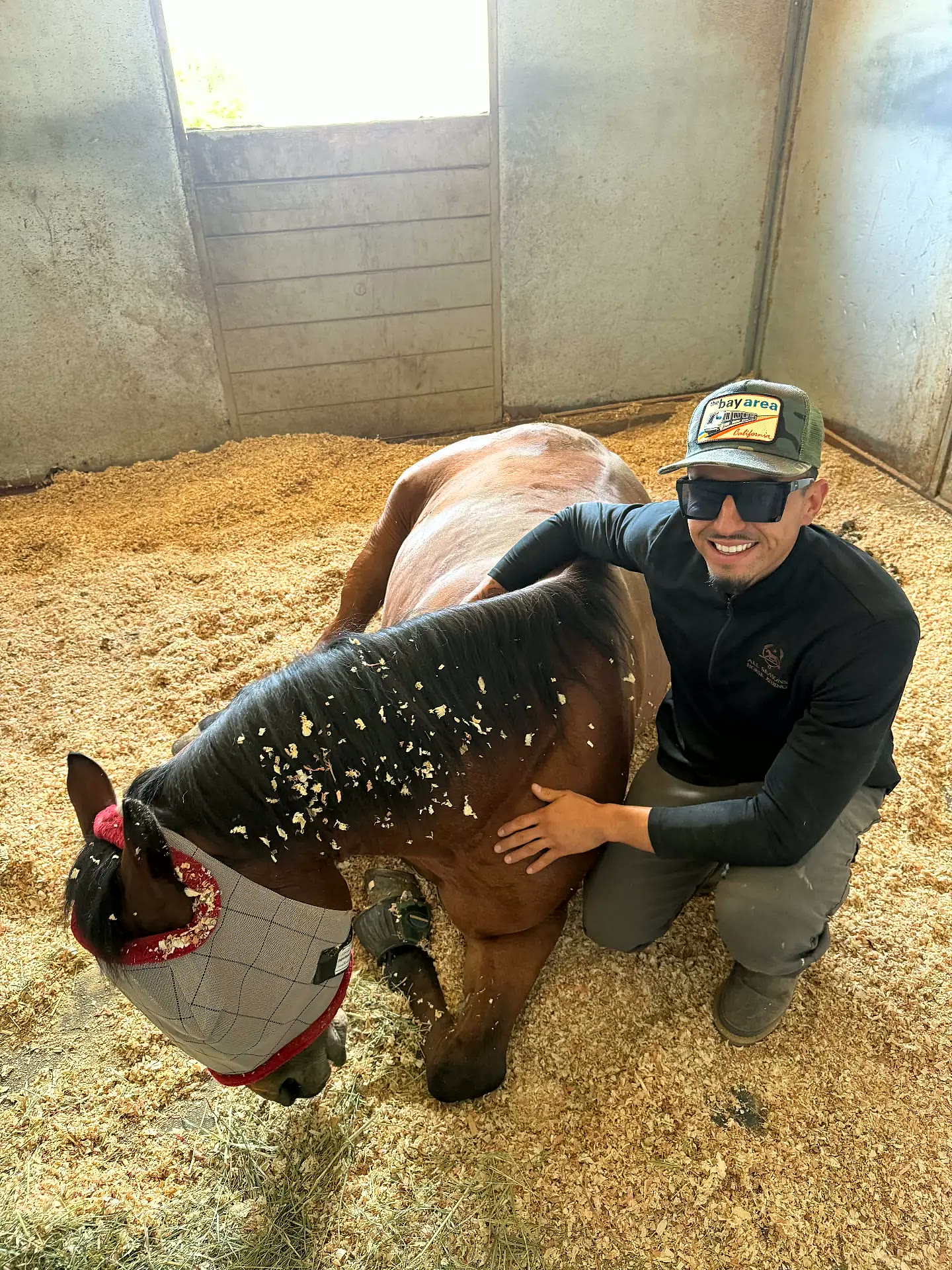 Trainer kneeling beside a resting horse in a bedded stall